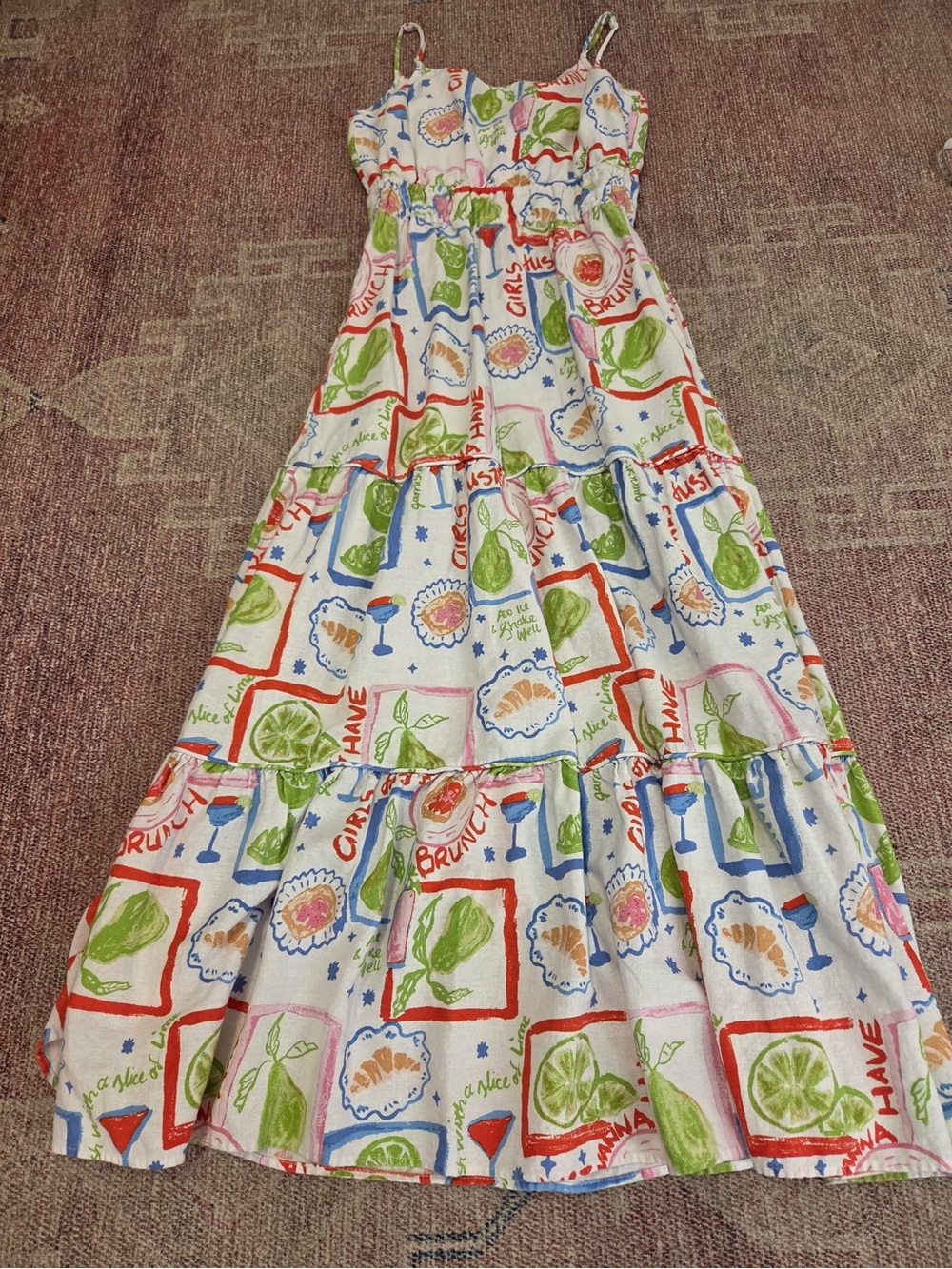 Cynthia Rowley linen whimsical brunch print strappy tiered maxi sundress xs
